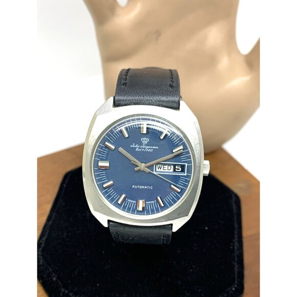 Jules Jurgensen Men's Watch Vintage Swiss Automatic Blue Dial Day Date 35mm - Picture 1 of 15